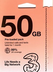 Three UK Preloaded Pay As You Go SIM - Choose from 8GB to 50GB 