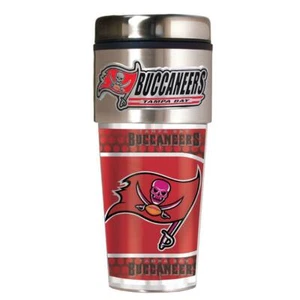 TAMPA BAY BUCCANEERS 16 OZ STAINLESS STEEL COFFEE TRAVEL MUG WITH METAL EMBLEM - Picture 1 of 1