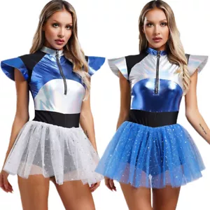Damen Metallic Alien Trikot für Weltraum Mann Halloween Cosplay Dress Up Kostüme - Bild 1 von 33