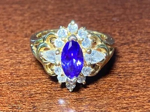 Beautiful Gold & Silver Tone “ Tanzanite “ & Crystal Size 7.8 Cocktail Ring - Picture 1 of 8