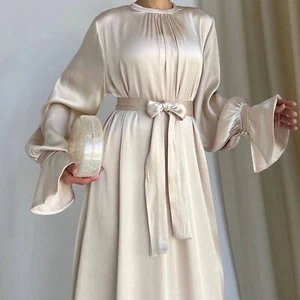 Dubai Women Satin Long Dress Evening Kaftan Abaya Muslim Robe Elegant Gown Party - Picture 1 of 50