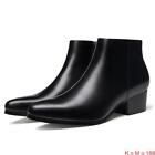 Mens real Leather Pointed Toe Cuban Heel Casual Ankle Boot Dress Formal Shoes # 