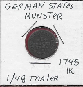 GERMAN STATES MUNSTER 1/48 THALER 1745 IK (halbgroschen) RULER:CLEMENS AUGUST,CA - Picture 1 of 2