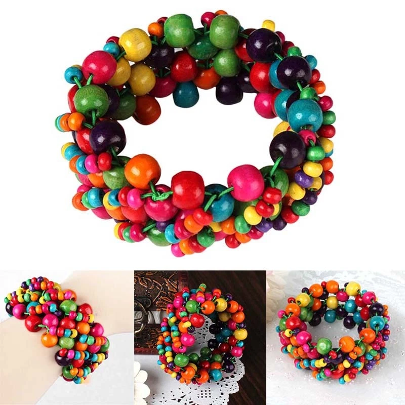 Fashion Ladies Retro Rainbow Colorful Bracelet Wood Bead Bright Bohemian US