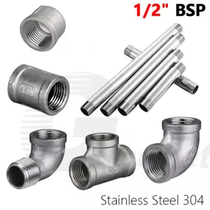 304 Stainless Steel 1/2" BSP Threaded Nipple Elbow Tee Socket Cap Pipe Fittings - Picture 1 of 21