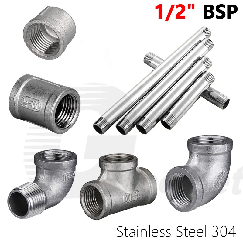 304 Stainless Steel 1/2" BSP Threaded Nipple Elbow Tee Socket Cap Pipe Fittings - Image 1 of 1