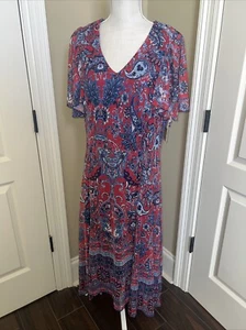 Reba Kleid Größe L Rot Blau Paisley Blumen Kurzarm Brandneu - Bild 1 von 11