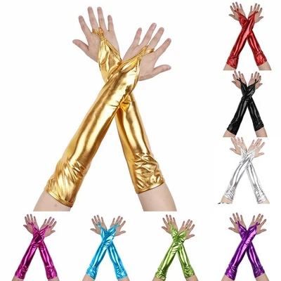 Trendy PU Long Gloves with Glitter Metal Print for Women's Dance Nights - Image 1 of 4