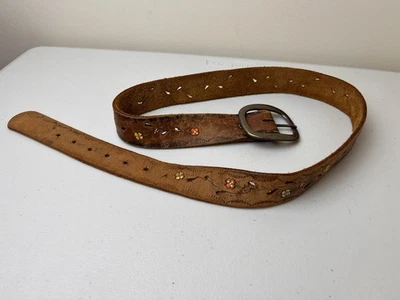 Tooled Leather Brass Buckle 1970s Vintage Tooled Leather Unisex Belt SZ 37-42 in - Image 1 of 3