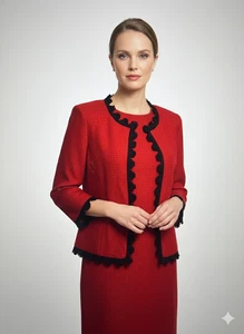 Set abito e giacca maglia rossa collezione St. John bordo navy - abito 12 / giacca 10 - Foto 1 di 14