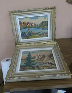 Set 2 Vintage feine fertige Handarbeit Nadelspitze gerahmt Querformat - Bild 1 von 8