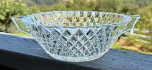 Vintage Mid-Century Clear Pressed Glass Diamond Point Bowl With Art Deco Handles - Picture 1 of 14
