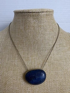 Lapis Lazuli Necklace Deep Blue Stone Bezel Set Gold Tone Contemporary Modern  - Picture 1 of 6