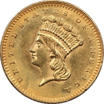 1862 Type 3 Princess Head Gold Dollar $1, Uncirculated BU, Minor Rim Damage - Image 1 of 2