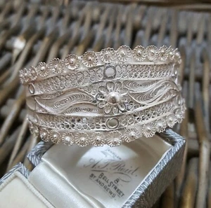 Brazalete vintage de plata de ley 925, brazalete grande de filigrana, Art Nouveau, 7,2" - Imagen 1 de 7