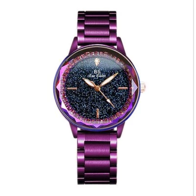 Reloj pulsera púrpura para dama esfera cielo estrellado mujer correa de acero inoxidable Foto 1 de 4