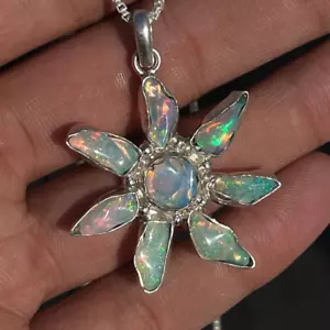 Raw Ethiopian Opal Sun Pendant Necklace – 100% Natural Fire Opal Gemstone - Picture 1 of 7