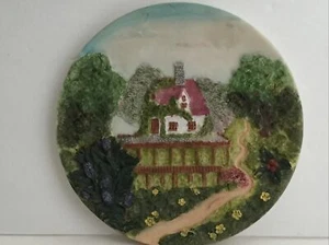 Vtg 3D Decorative Hanging Plate Scenic Country Cottage Flowers Trees  7.5" D - Picture 1 of 12