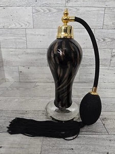 Vintage Art Glass 7" Tall Perfume Bottle w/ Pump Atomizer Brown/Gold Flake - Picture 1 of 8