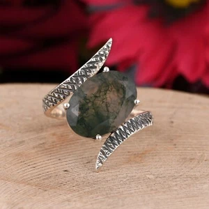 Natural Moss Agate Engagement Ring 925 Sterling Silver Bypass Gemstone Rings - Picture 1 of 6