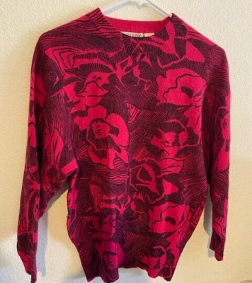 VINTAGE Fenn Wright Manson aNTHROPOlogiE Wool S  DOLMAN HOT PINK FLORAL PRINT - Image 1 of 4