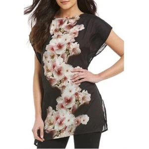 Bryn Walker Cherry Blossom Papio Tunic Top M Black Pink Floral Print Silky Flowy - Picture 1 of 6