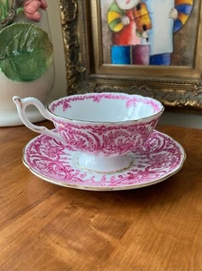 COALPORT Footed Tea Cup Saucer Red Pink Fuschia Botanical Floral Pattern 5012/B - Picture 1 of 16