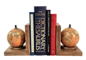 Pair of Wooden World Map Globe Bookends Solid Mango Wood Book End Holder Decor - Picture 1 of 6