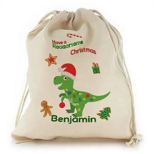 Personalisierter Dinosaurier Weihnachten Nikolaus Sack, Heiligabend Beutelgröße Strumpf - Bild 1 von 12