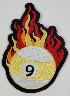 9 Ball on Fire Fun Billiard APA Pool Iron On Collectable Patch 3.5 x 2.5 - Image 1 of 4