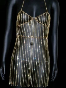 Shiny Rhinestone Dress, Women Diamond Tassel Body Chain, Full Rhinestone Dress - Picture 1 of 6