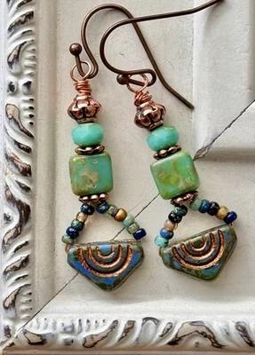 Copper, Vibrant Blueish Green Picasso Czech Beaded Earrings. Boho Chic - Image 1 of 4