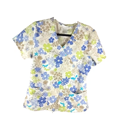 Vintage S B Scrub Top Women's Size Small Blue Tan White Floral Toe Back... - Image 1 of 4