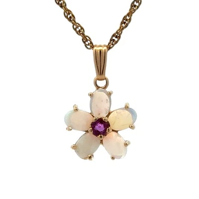 Изящный кулон в форме цветка из желтого золота 14 карат с овальным белым опалом розовым рубином Estate - Изображение 1 из 4