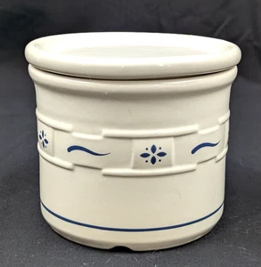 Longaberger Pottery Woven Traditions One Pint Salt Crock With Lid Ivory Blue USA - Picture 1 of 7