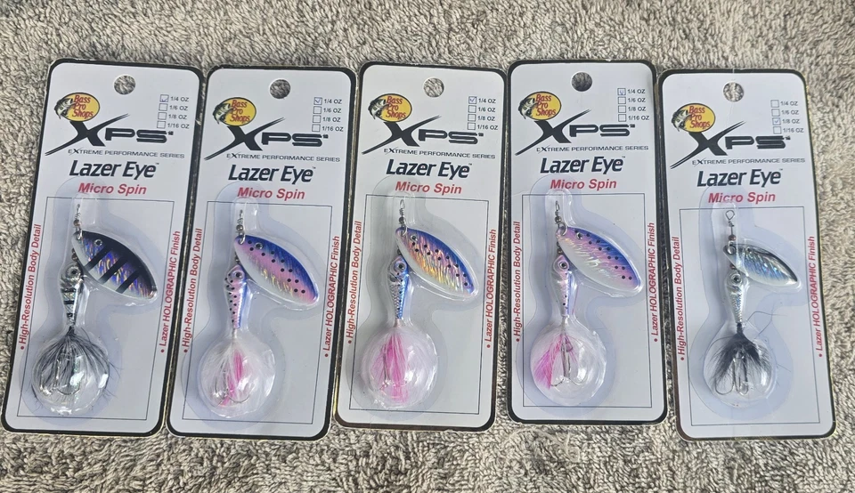 5 приманок Bass Pro Shops XPS Lazer Eye Micro Spin 4ea. 1/4 унции + 1ea. Рыбалка 1/8 унции - Изображение 1 из 4