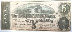 1864 $5 CONFEDERATE STATES OF AMERICA NOTE RICHMOND VA. RU1 - Picture 1 of 2