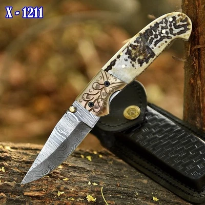 Handmade Damascus Folding Blade Pocket Knife Tactical Best Collector Gift - Image 1 of 4