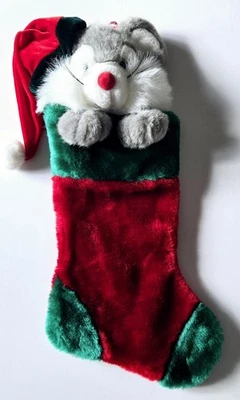 Medias de Navidad vintage de peluche gris ratón en sombrero de Santa rojo verde 20" Foto 1 de 4