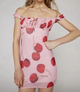 Kimchi Blue Cherry Bianca Mesh Mini Dress Pink Red Summer Picnic Medium - Picture 1 of 11
