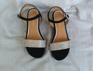 ZAPATOS DE TACÓN DE CUÑA NEGROS NINE WEST NIÑOS GRANDES TALLA 4 ESTRÁS CORREAS BRILLANTES - Imagen 1 de 9