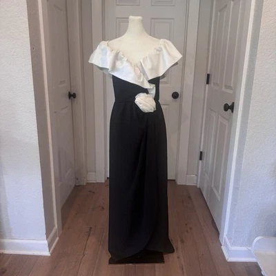 Vtg Retro Miss Elliette Dress Black White Taffeta Long Formal Off Shoulders 60s - Image 1 of 4