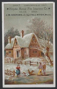 Holyoke Fire Insurance Salem Massachusetts Winter Scene Victorian Trade Card - Picture 1 of 2