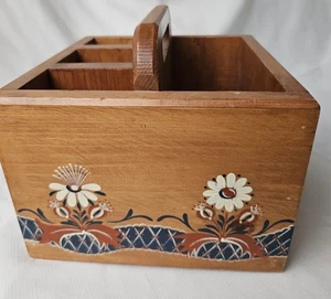 Vintage Holz handbemalt Utensil Silberbesteck Serviettenhalter Caddy 10x9x6 - Bild 1 von 11