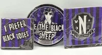 Lot Of Wednesday Addams Party Table Supplies Paper Plates And 2 Packs Of Napkins - Image 1 of 4