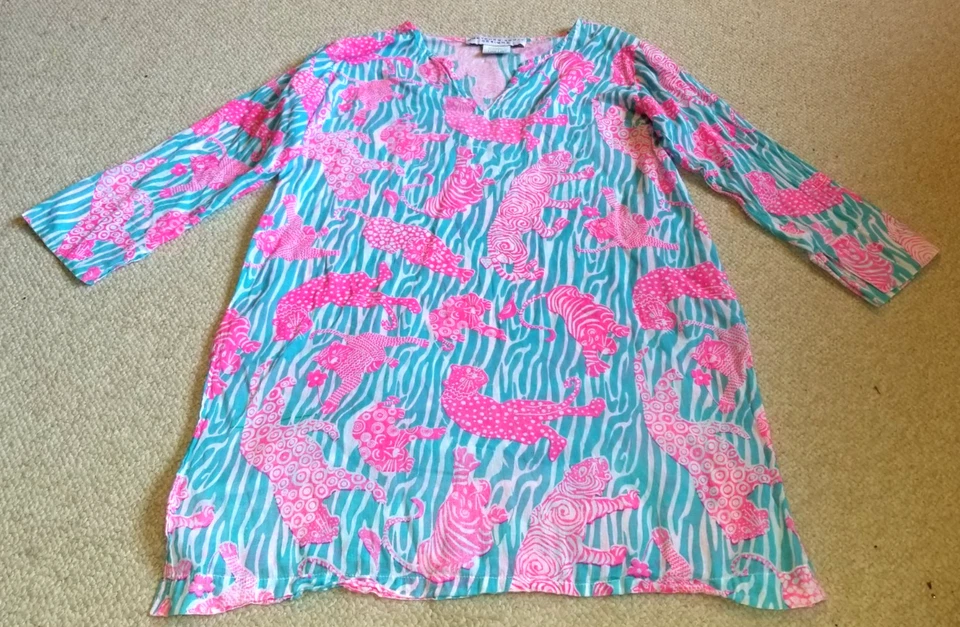 Mujer Natación Encubrimiento-GRETCHEN SCOTT-azul/rosa 'Tiger Tales' Cachemira Túnica-M Foto 1 de 4