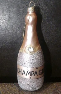 Vintage 5.5" Blown Glass Pink & Silver Glitter Champagne Bottle Ornament  - Picture 1 of 3