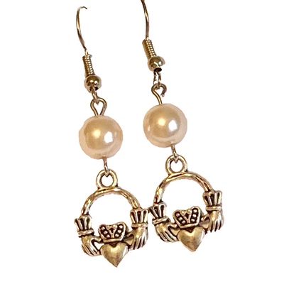 Claddagh Earrings Silver Plated Irish Celtic St Patricks Day White Glass Pearl - Image 1 of 4