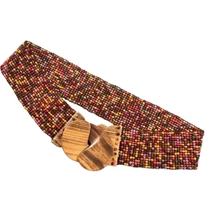 Vintage Wood Clasp and Beaded Stretch Belt Shades of Brown Red Orange - Picture 1 of 3