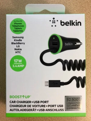 Cargador de coche Belkin Boost-Up Micro USB con puerto USB negro 17 vatios 3,4 amperios - SELLADO  Foto 1 de 4